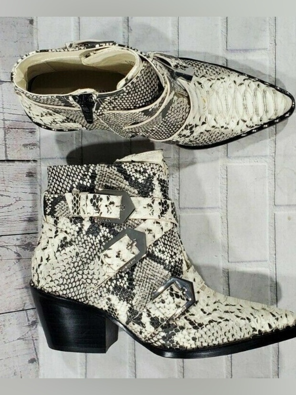 Gianni Bini White and Black Snake-Print Buckle Ankle Booties
